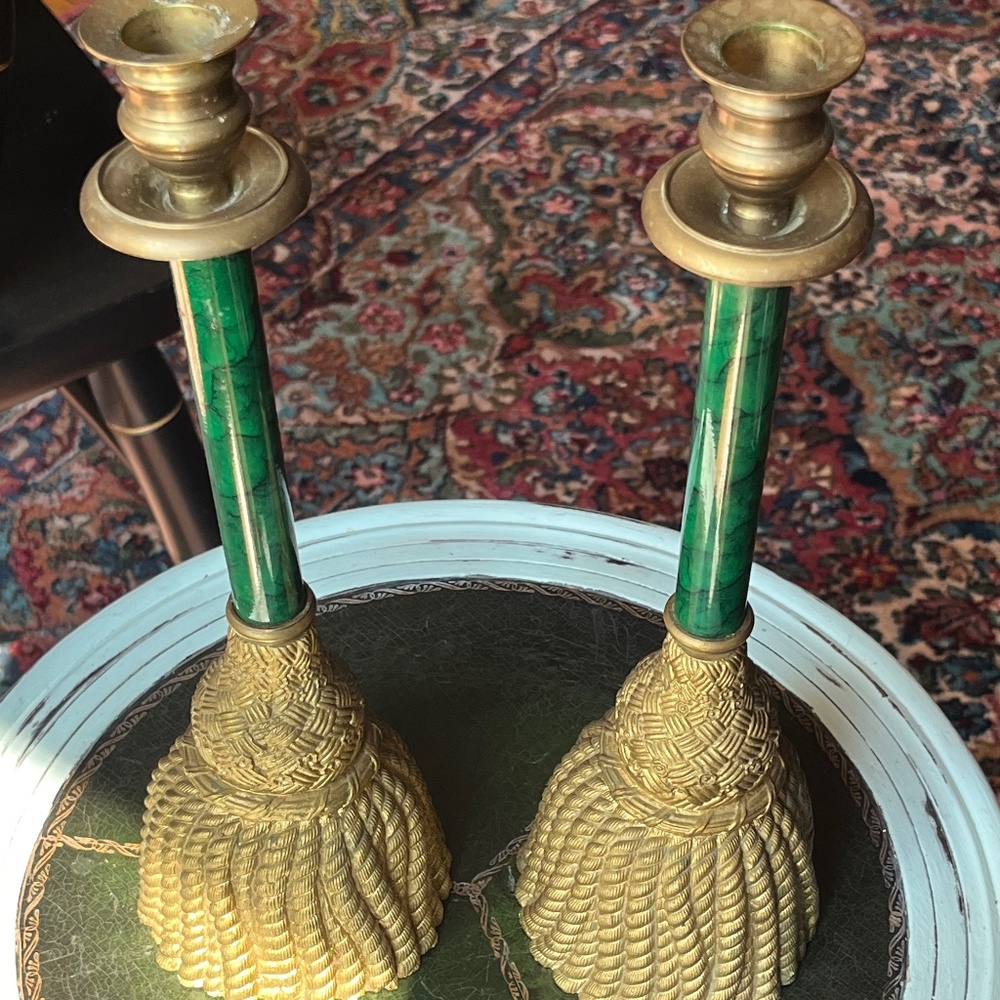 Mid century inspired green and gold pair of candlesticks